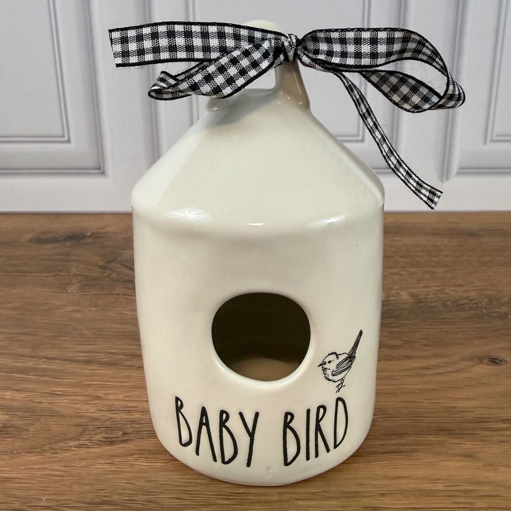 Rae Dunn White BABY BIRD Round Mini Bird House Luminary Magenta Black Gingham